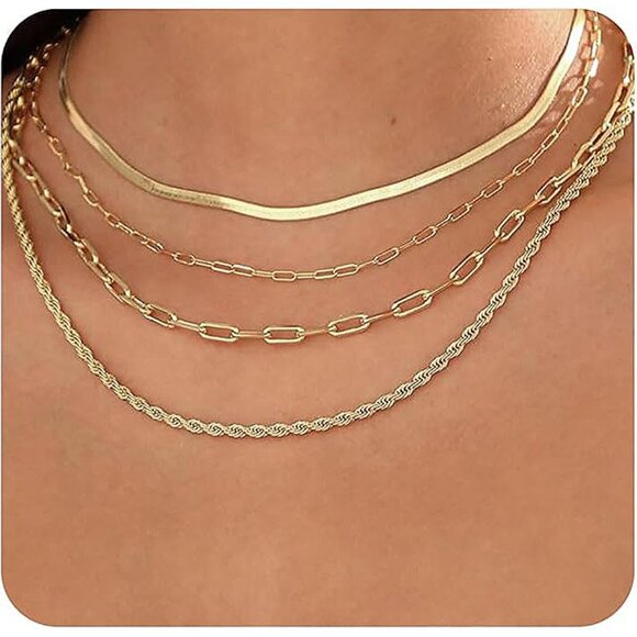 14K Gold Plated Layering Necklaces For Women Gold Necklace Set, Cuban Link, Snak